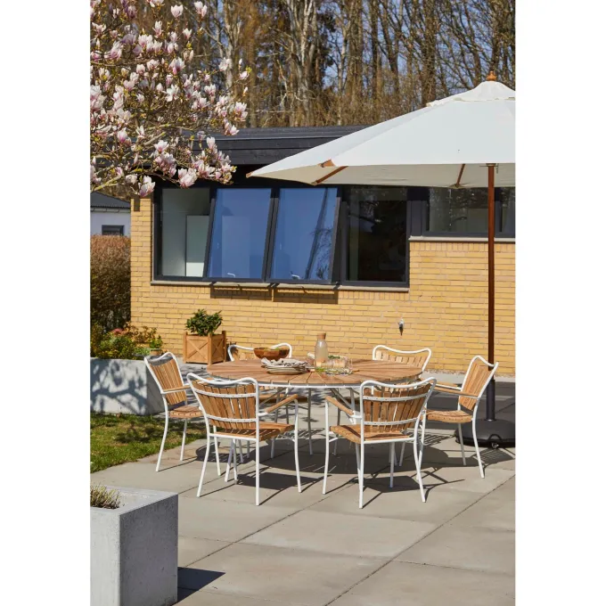 Ellen Trädgårdsmöbelset i Teak och Aluminium 150 cm + 6 stolar, Vit
