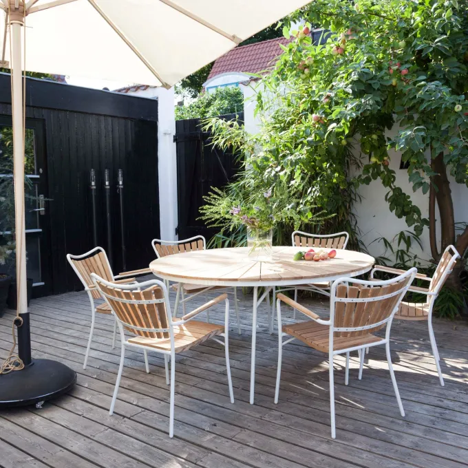 Ellen Trädgårdsmöbelset i Teak och Aluminium 150 cm + 6 stolar, Vit