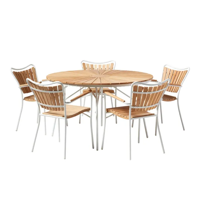 Ellen Trädgårdsmöbelset i Teak och Aluminium 130 cm + 5 stolar, Vit