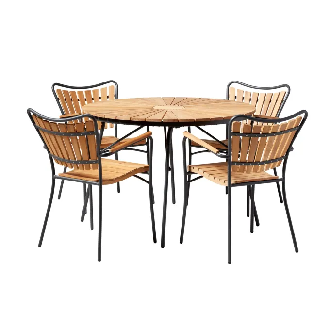 Ellen Trädgårdsmöbelset i Teak och Aluminium 110 cm + 4 stolar, Antracit