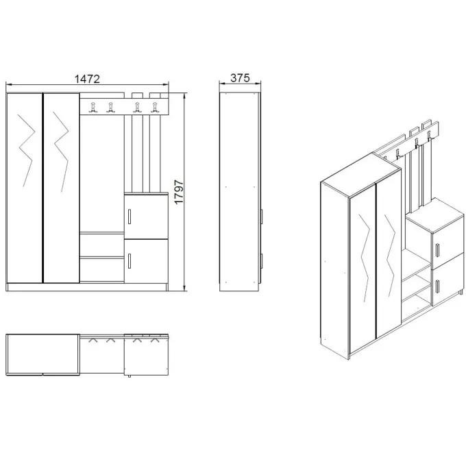 Gaborone (147,2 x 179,7 x 37,5 cm) Hallstativ Atlantisk furu Vit