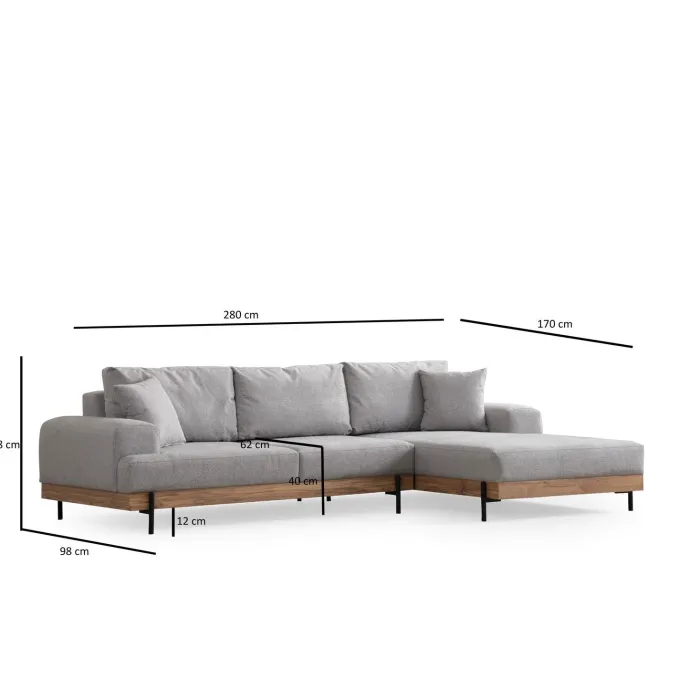 Kigali Oak (280-170 x 98 x 78 cm) Hörnsoffa Grå, Höger