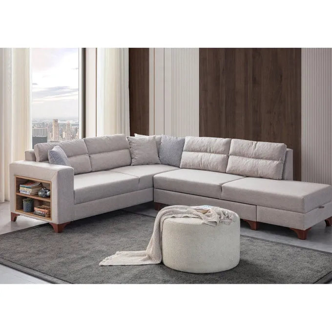 Porto (230 x 90 x 150 cm) Hörnsoffa-bäddsoffa Creme, Vänster